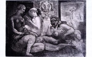 Pablo Picasso Four Nude Women and a Sculpted Head, from: La Suite Vollard | Quatre Femmes Nues et Tête Sculptée, 1934 Original Hand Signed Etching and Drypoint on Montval Laid Paper with Vollard Watermark 45.1 x 34.5 cm. / 17.5 x 13.6 in. Courtesy Gilden's Art Gallery