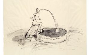 Bruce Nauman. Myself as a Marble Fountain. 1967. Ink with wash, 19 × 24″ (48.3 × 61 cm). Emanuel Hoffmann Foundation, on permanent loan to the Öffentliche Kunstsammlung Basel. © 2018 Bruce Nauman/Artists Rights Society (ARS), New York. Photo: Kunstmuseum Basel, Martin P. Bühler