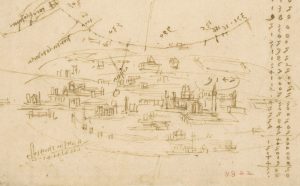 Leonardo da Vinci (1452-1519), Codice Atlantico (Codex Atlanticus), foglio 199 verso. In alto, planimetria della città di Milano con l'indicazione delle sue porte; in basso, veduta a volo di uccello della città di Milano.