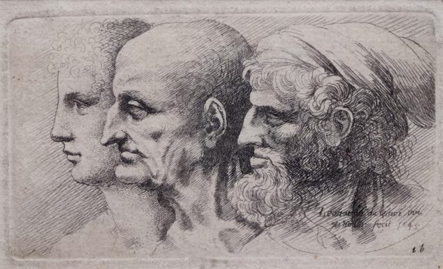 Wenceslao Hollar, Tre profili virili di varie età, 1645, Lamporecchio, Fondazione Rossana & Carlo Pedretti, Acquaforte