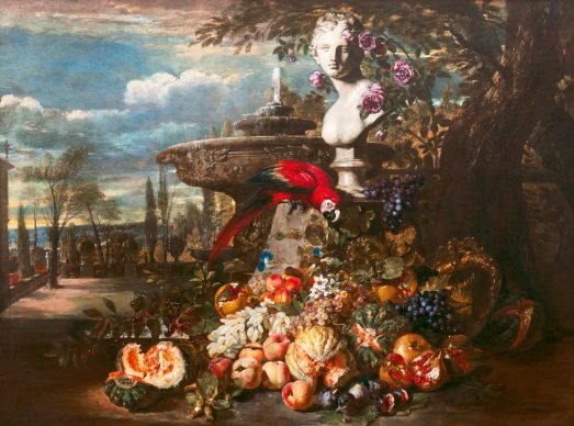 David de Koninck, Cascata di frutta con pappagallo, olio su tela, 142 x 190 cm. Collezione privata