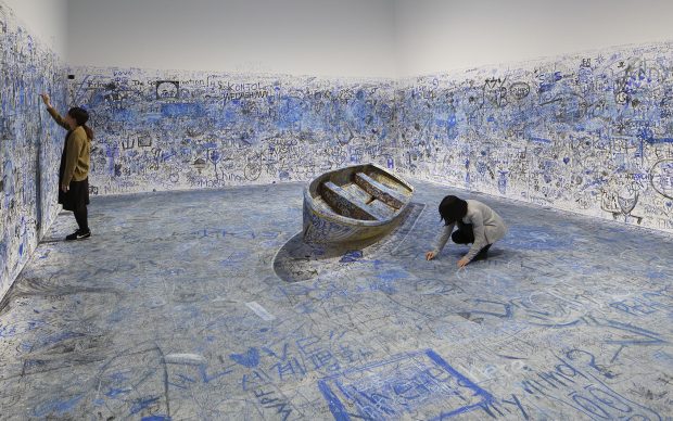 Yoko Ono, Add Color Painting (Refugee Boat), 1960 / 2016-2018, Collection of the artist. Installation view: “Catastrophe and the Power of Art,” Mori art Museum, Tokyo, 2018. Photo: Kioku Keizo. Photo courtesy: Mori Art Museum, Tokyo