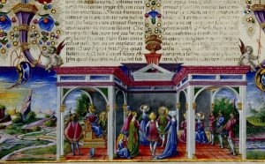 Bibbia di Borso d’Este: Taddeo Crivelli, bas-de-page della carta iniziale dell’Ecclesiaste, La corte di re Salomone; vol. I, c. 280v. Modena, Biblioteca Estense Universitaria