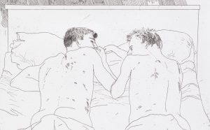 David Hockney Two Boys, aus: Illustrations for Fourteen Poems by C.P. Cavafy, 1966 Radierung, Aquatinta auf Papier 64 x 51 cm Museum Ludwig, Köln Schenkung von Herbert Meyer-Ellinger und Christoph Vowinckel 2016 © David Hockney Reproduktion: David Hockney, Inc.