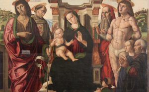 Giovanni santi, madonna col bambino in trono, santi e la famiglia Buffi