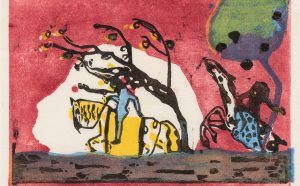 Wassily Kandinsky, Zwei Reiter vor Rot, 1911 Farbholzschnitt mit den vier Druckstöcken in Gelb, Rot, Blau und Schwarz, 105×157 mm © Privatbesitz. Foto: SKD, A. Diesend