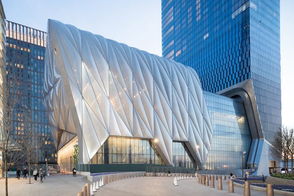 Evening View of the Shed from Hudson Yards / North Elevation, Photography by Iwan Baan, Courtesy of The Shed. Project Design Credit: Diller Scofidio + Renfro, Lead Architect and Rockwell Group, Collaborating Architect