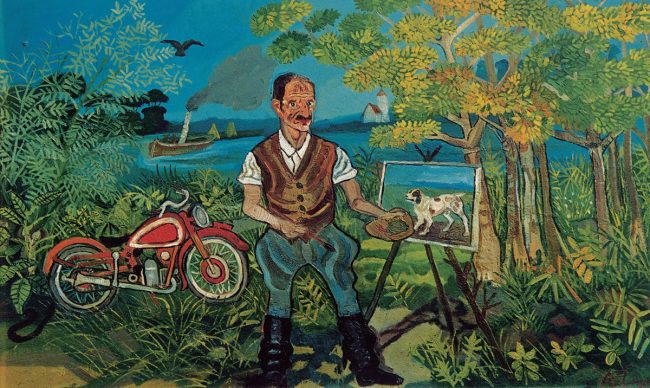 Antonio Ligabue, Autoritratto con moto, cavalletto e paesaggio (Self-portrait with motorbike, easel and landscape), Undated (1953–1954), Oil on fibreboard 63,9 x 104cm, Gustalla (Reggio Emilia), private collection ©