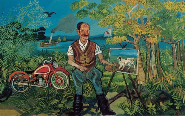 Antonio Ligabue Autoritratto con moto, cavalletto e paesaggio (Self-portrait with motorbike, easel and landscape) Undated (1953–1954) Oil on fibreboard 63,9 x 104cm Gustalla (Reggio Emilia), private collection ©