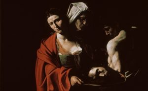 Caravaggio, Salomé con la testa di Battista, circa 1607, Olio su tela, 116 x 140 cm Madrid, Palacio Real Colecciones Reales, Patrimonio Nacional