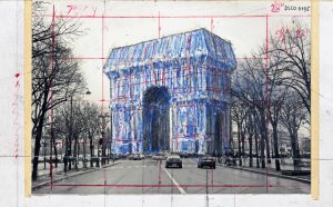 Christo The Arc de Triomphe de l'Etoile, Wrapped (Place Charles de Gaulle) Collage 2017 Pencil, wax crayon, enamel paint, photograph by Wolfgang Volz and tape 8 1/2 x 11" (21.5 x 28 cm) Photo: André Grossmann © 2017 Christo