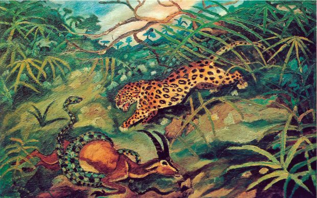 Antonio Ligabue, Giaguaro con gazzella e serpente (Jaguar with gazelle and snake), Undated (1948), Oil on plywood, 45 x 71cm, Private collection ©