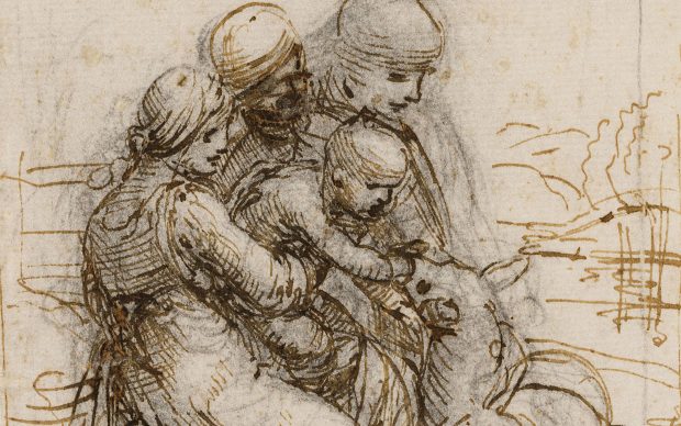 Leonardo da Vinci, Sant’Anna, la Madonna e il Bambino che gioca con l'agnello, inchiostro metallo-tannico, pietra nera, punta metallica su carta, Venezia, Gallerie dell’Accademia
