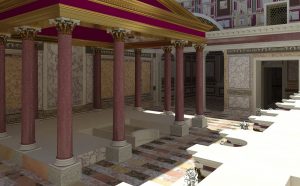 Il padiglione centrale visto dalla fontana-ninfeo. Ricostruzione virtuale. Credits: Parco archeologico del Colosseo, foto Progetto Katatexilux