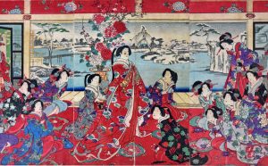 Yoshu Chinkanobu, Passatempi di beltà femminili in un giorno nevoso, firmata Il pennello di Yoshu Chikanobu, 1838-1912