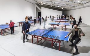 Rirkrit Tiravanija Senza titolo (il domani è la questione) / Untitled (Tomorrow Is the Question) 2019 Vinile su set di 8 tavoli da ping pong e racchette / Vinyl on set of 8 ping pong table and paddles Dimensione di ciascuno / Each Size: 76 x 274 x 152.5 cm. (29.92 x 107.87 x 60.04 in.) Courtesy of the artist and kurimanzutto, Mexico City Veduta della mostra al / Exhibition view at Centro per l’arte contemporanea Luigi Pecci, Prato, 2019. Photo©Ela Bialkowska / OKNO Studio
