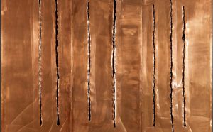 Lucio Fontana (1899–1968) Spatial Concept, New York 10 (Concetto Spaziale, New York 10), 1962 Copper with slashes and scratches, 3 panels 94 × 234 cm Fondazione Lucio Fontana, Milan © Fondazione Lucio Fontana, Bilbao, 2019