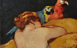 Renato Natali, Donna con pappagalli, 1920 ca., olio su tavola, cm 50 x 70,5