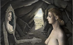 Woman in Mirror. Paul Delvaux (1897–1994), 1936 Oil on canvas, 71 x 91.5 cm Museo Nacional Thyssen-Bornemisza, Madrid, Inv.-Nr. 520 (1972.9) © Estate of Paul Delvaux / 2019, ProLitteris, Zurich