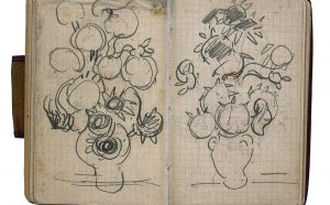 Vincent van Gogh, Sketches of vases with sunflowers, in sketchbook from Paris and Auvers-sur-Oise, 1890, Van Gogh Museum, Amsterdam (Vincent van Gogh Foundation). Photo: Erik and Petra Hesmerg