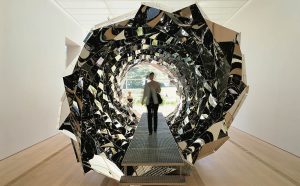 Olafur Eliasson (b.1967), Your spiral view, 2002, stainless steel, mirror, steel, 3200 x 3200 x 8000 mm. Installation view at Fondation Beyeler, Basel, Switzerland, 2002. Photographer: Jens Ziehe Boros Collection, Berlin © 2002 Olafur Eliasson