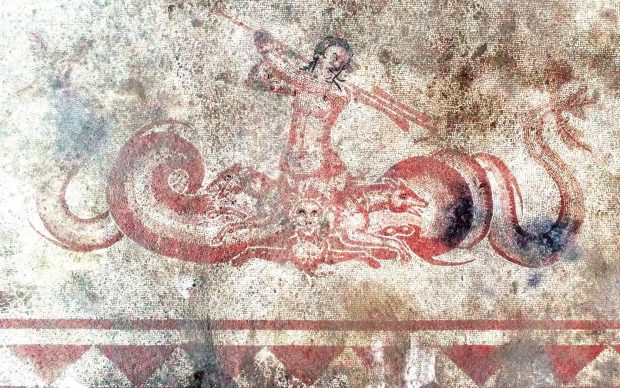 Porzione del mosaico a soggetto marino di epoca romana ritrovato nel sito archeologico di Pietrarossa di Trevi, Umbria, fonte Fanpage Scavi archeologici di Pietrarossa, via Facebook