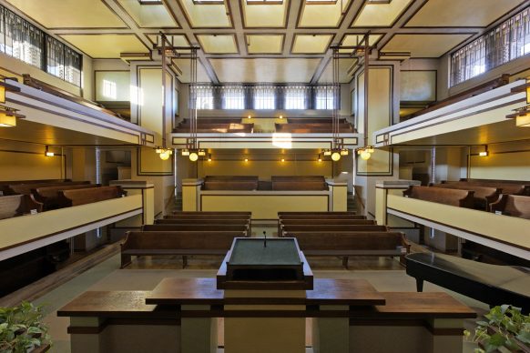 Unity Temple, view of auditorium/worship space looking north, taken from pulpit. Date: 24/11/2008. Copyright: © Unity Temple Restoration Foundation - via UNESCO (https://whc.unesco.org)