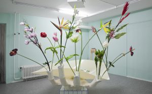 Aurora Sander (Ellinor Aurora Aasgaard and Bror Sander Berg Størseth), Aircleaninglady, 2016-17, wood, canvas, oil on canvas, artificial flowers, plexiglas, water and tiles, 150x200x180 cm. Courtesy the artist. Photo by Markus Georg/Insitu