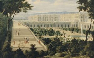 Étienne Allegrain, Veduta della Reggia di Versailles e dell’Orangerie, presa dal bacino degli Svizzeri, 1695 circa, olio su tela. Versailles, Musée National du Château de Versailles