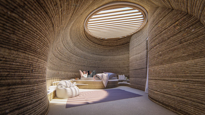 TECLA, l’habitat stampato in 3D di Mario Cucinella Architects e WASP: vista della stanza da letto durante il giorno. © Mario Cucinella Architects
