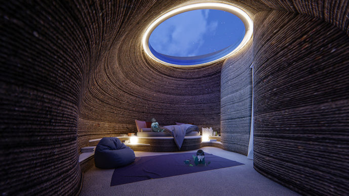 TECLA, l’habitat stampato in 3D di Mario Cucinella Architects e WASP: vista della stanza da letto durante la notte. © Mario Cucinella Architects