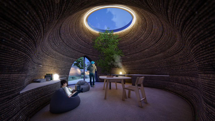 TECLA, l’habitat stampato in 3D di Mario Cucinella Architects e WASP: vista del living durante la notte. © Mario Cucinella Architects