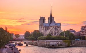 Notre-Dame de Paris, France. View of the Cathedral from the southeast, with the spire that collapsed during the April 2019 fire. Date: 2019. Photographer: kavalenkava / Shutterstock.com
