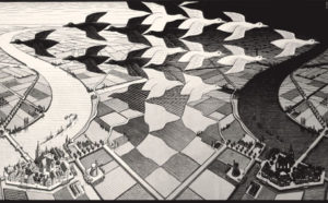 Maurits Cornelis Escher, Giorno e notte, febbraio 1938, xilografia, 39,1 x 67,7 cm. Collezione privata, Italia All M.C. Escher works © 2019 The M.C. Escher Company. All rights reserved www.mcescher.com