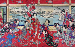 Yoshu Chinkanobu, Passatempi di beltà femminili in un giorno nevoso, trittico di xilografie policrome in formato oban, 35,5x70,5 cm, firmata Il pennello di Yoshu Chikanobu, 1838-1912.