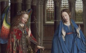Jan van Eyck, The Annunciation , c. 1434-1436. Oil on panel, transferred onto canvas 92.7 x 36.7 cm National Gallery of Art, Washington, Andrew W. Mellon Collection