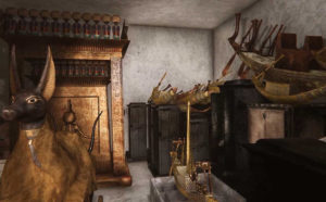 Ricostruzione della visita virtuale alla tomba di Tutankhamon, indossando il visore e impugnando il controller. L’ambiente in 3D, all’interno della tomba del faraone, è stato realizzato da La macchina del tempo di Bologna