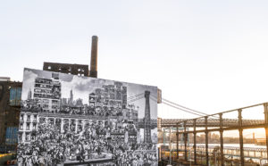 Installation view, The Chronicles of New York City, JR, and Triangle STACK #2, LOT-EK, 2020. Domino Park, Brooklyn. © JR-ART.NET. (Photo: Marc Azoulay)