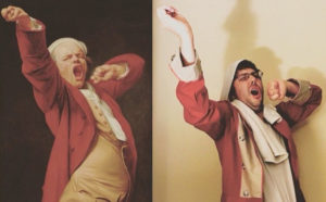 Self-Portrait, Yawning, by 1783, Joseph Ducreux. Oil on canvas, 46 3/8 x 35 3/4 in. The J. Paul Getty Museum, 71.PA.56. Re-creation on Instagram by Paul Morris with British redcoat and twisty towel
