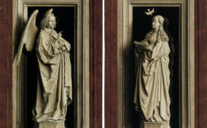 Jan van Eyck, The Annunciation Diptych, c. 1433-1435, oil on panel. Left: 38.8 x 23.2 cm. Right: 39 x 24 cm. Museo Nacional Thyssen-Bornemisza, Madrid