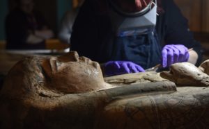 Conservators at Perth Museum and Gallery carefully clean a 3000 old mummy Ta-Kr-Hb, nicknamed the Perth Mummy, and her sarcophagus. Photo courtesy of the Perth Museum and Art Gallery, Scotland © Culture Perth & Kinross/Julie Howden