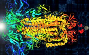 MIT Professor Markus Buehler designs new proteins with the help of artificial intelligence. He recently translated the spike protein of the novel coronavirus (SARS-Cov-2) into sound to visualize its vibrational properties, as seen here, which could help in finding ways to stop the virus. Primary colors represent the spike’s three protein chains. Image courtesy of Markus Buehler