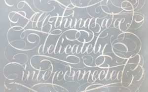 © Jenny Holzer. ARS, NY and DACS, London 2020 delicately interconnected, 2020 Screenprint on Coventry Rag 335 gsm, acrylic pewter ink, palladium leaf sized with enamel ink. Ed. of 100 45.7 x 55.9 cm / 18 x 22 in © 2020 Jenny Holzer, member Artists Rights Society (ARS), NY