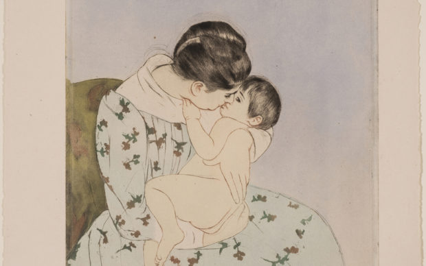 Mary Cassatt, Mother's Kiss, 1890-1891; drypoint and aquatint on paper, 13 3/4 x 9 in.; National Museum of Women in the Arts, Gift of John and Linda Comstock in loving memory of Abigail Pearson Van Vleck; Photo by Lee Stalsworth