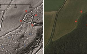A probable Iron Age or Roman enclosed settlement (red arrows) and associated field system (blue arrows) revealed by LiDAR data but hidden today beneath woodland.