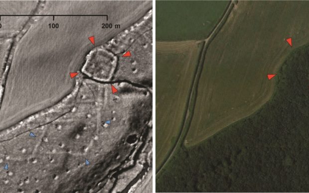 A probable Iron Age or Roman enclosed settlement (red arrows) and associated field system (blue arrows) revealed by LiDAR data but hidden today beneath woodland.