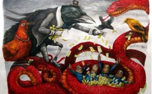 Ericailcane, Rockfeller, tecnica mista su carta, 40 x 60 cm, 2016. Courtesy l'artista