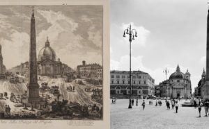 Giambattista Piranesi, Veduta della Piazza del Popolo, incisione all’acquaforte. Venezia, Fondazione Giorgio Cini, Gabinetto dei Disegni e delle Stampe; Gabriele Basilico, Piazza del Popolo, stampa ai sali d’argento con trattamento al selenio, 2010. Venezia, Fondazione Giorgio Cini