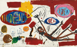 Jean-Michel Basquiat, 1960-1988. Victor 25448. Acrylic, oilstick, wax and crayon on paper laid on canvas. 72 x 131 in. (182.9 x 332.7 cm). Executed in 1987. Valued at $10 million