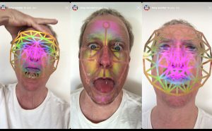Screenshot of Facewreck Instagram face filter created by Tony Oursler, 2020 With technical support from Katharine Wimett. Courtesy Tony Oursler and Lehmann Maupin, New York, Hong Kong, and Seoul
